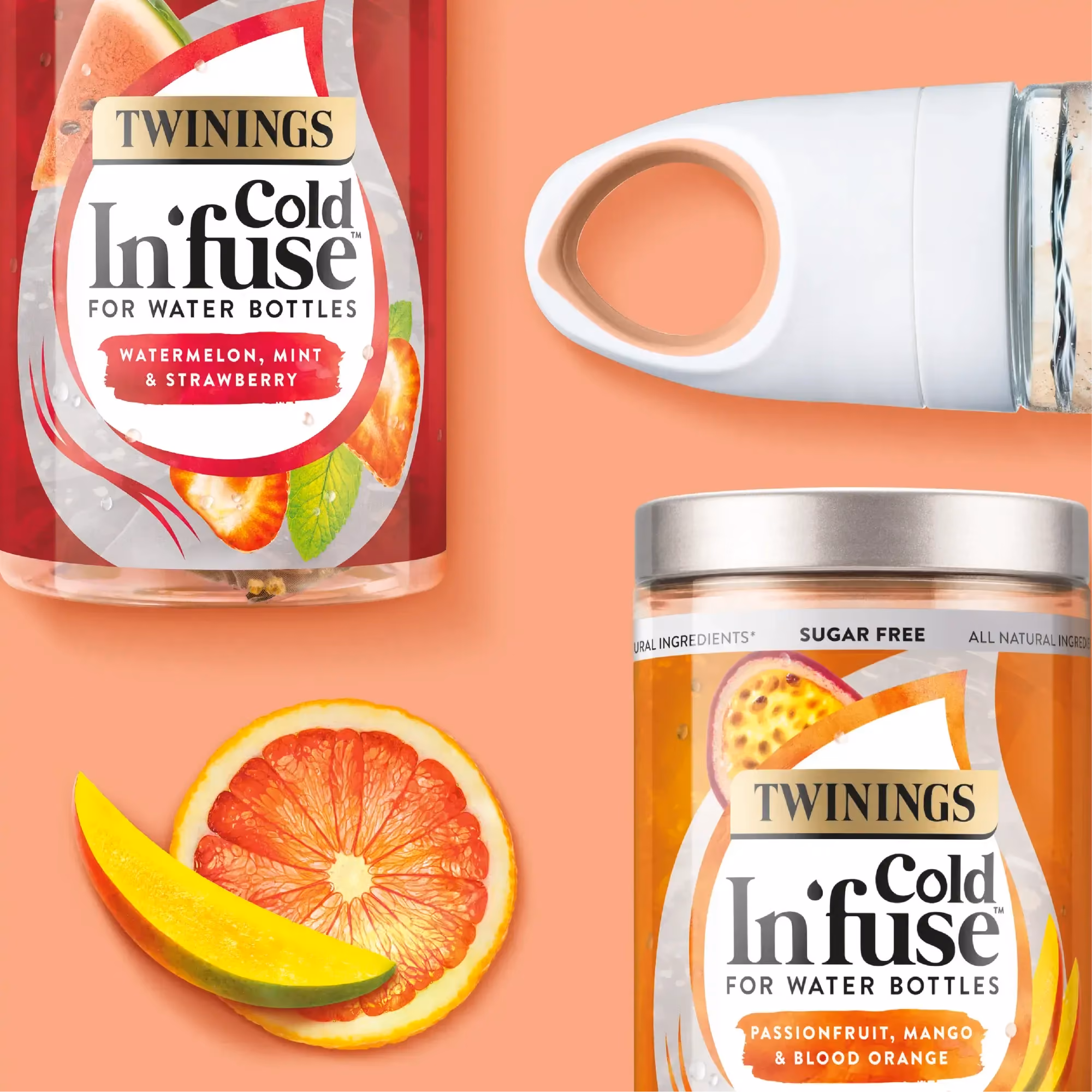 Twinings Cold Infuse water bottle infusers with watermelon mint strawberry and passionfruit mango blood orange.