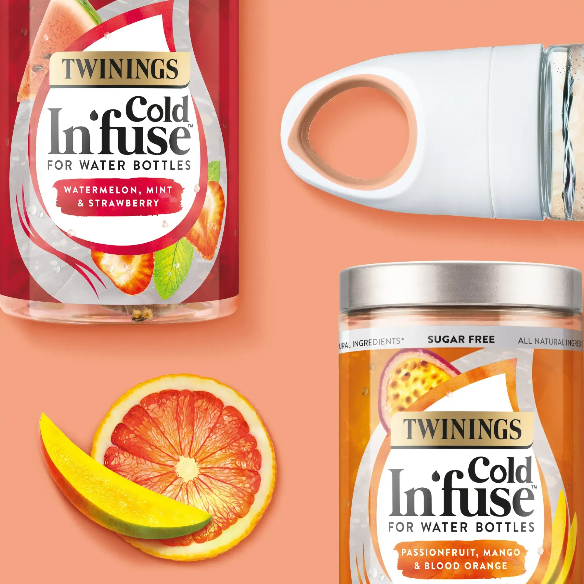 Twinings Cold Infuse water bottle infusers with watermelon mint strawberry and passionfruit mango blood orange.