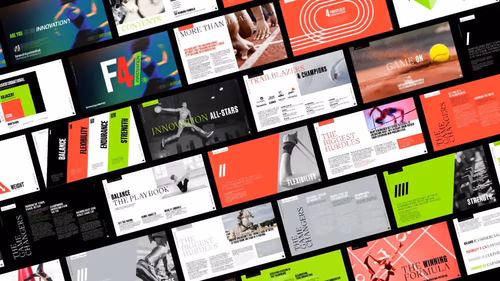 Tiled layout of sports and innovation themed report pages with dynamic colors and athlete images.