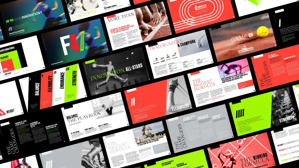Tiled layout of sports and innovation themed report pages with dynamic colors and athlete images.
