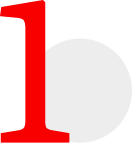 Red number one with a gray circle overlapping its right side on a white background.