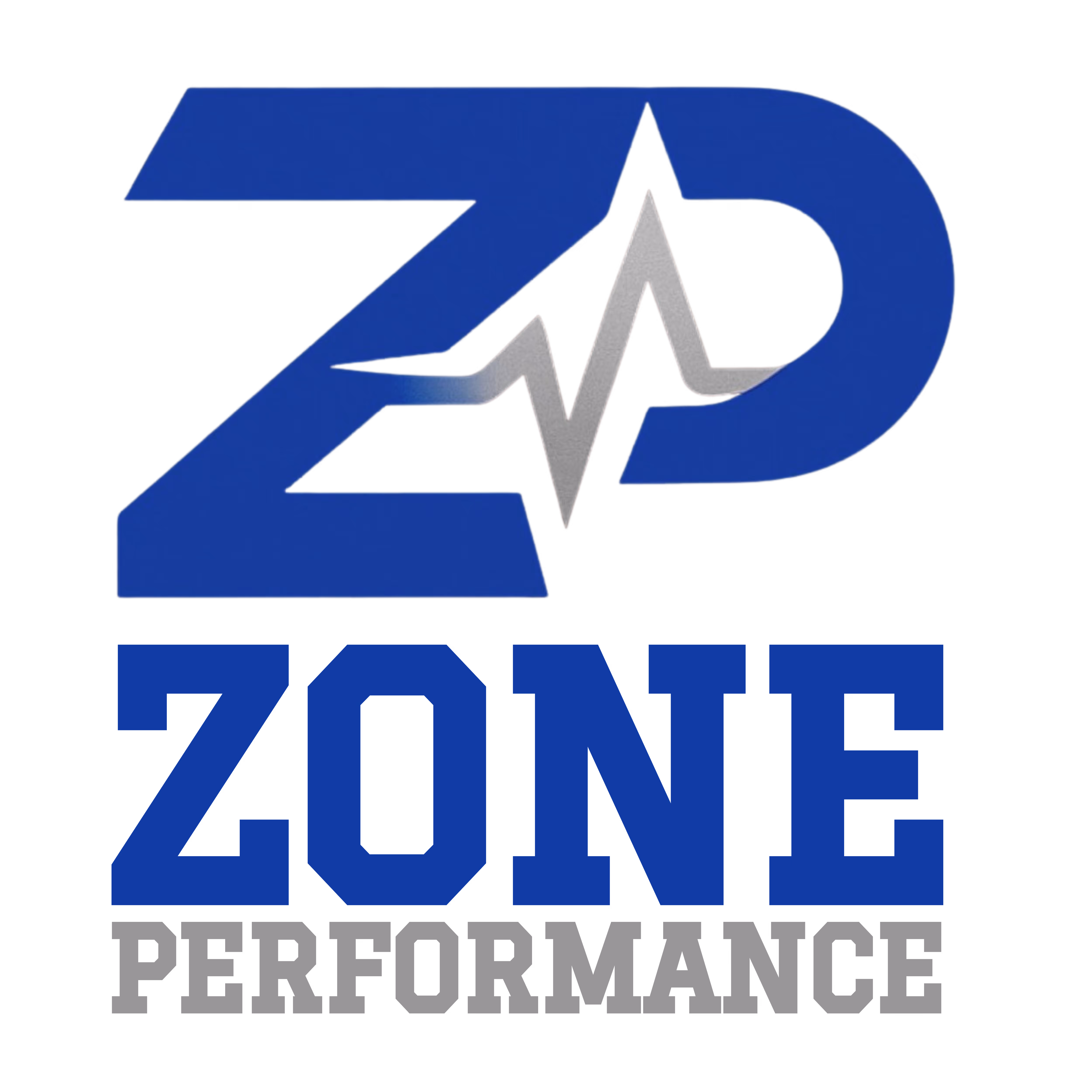 Logo with stylized blue letters Z and P combined with a gray heartbeat line in the middle, above bold text 'ZONE' in blue and 'PERFORMANCE' in gray.