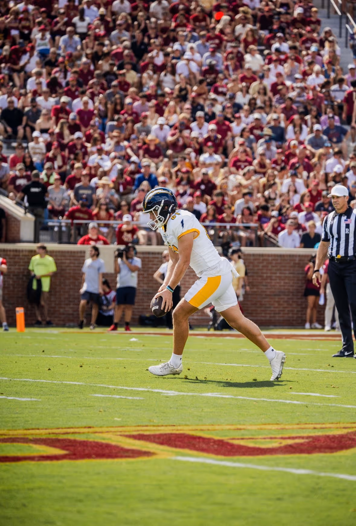 Football player in white and yellow uniform holding a ball, preparing to punt during a game with a crowd in the background.
