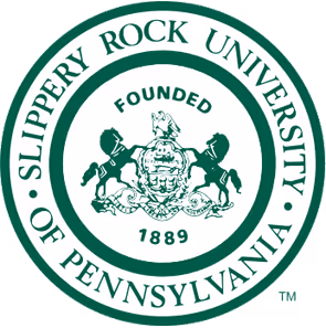 Seal of Slippery Rock University of Pennsylvania featuring two horses flanking a shield with a figure on top, and the text 'Founded 1889'.