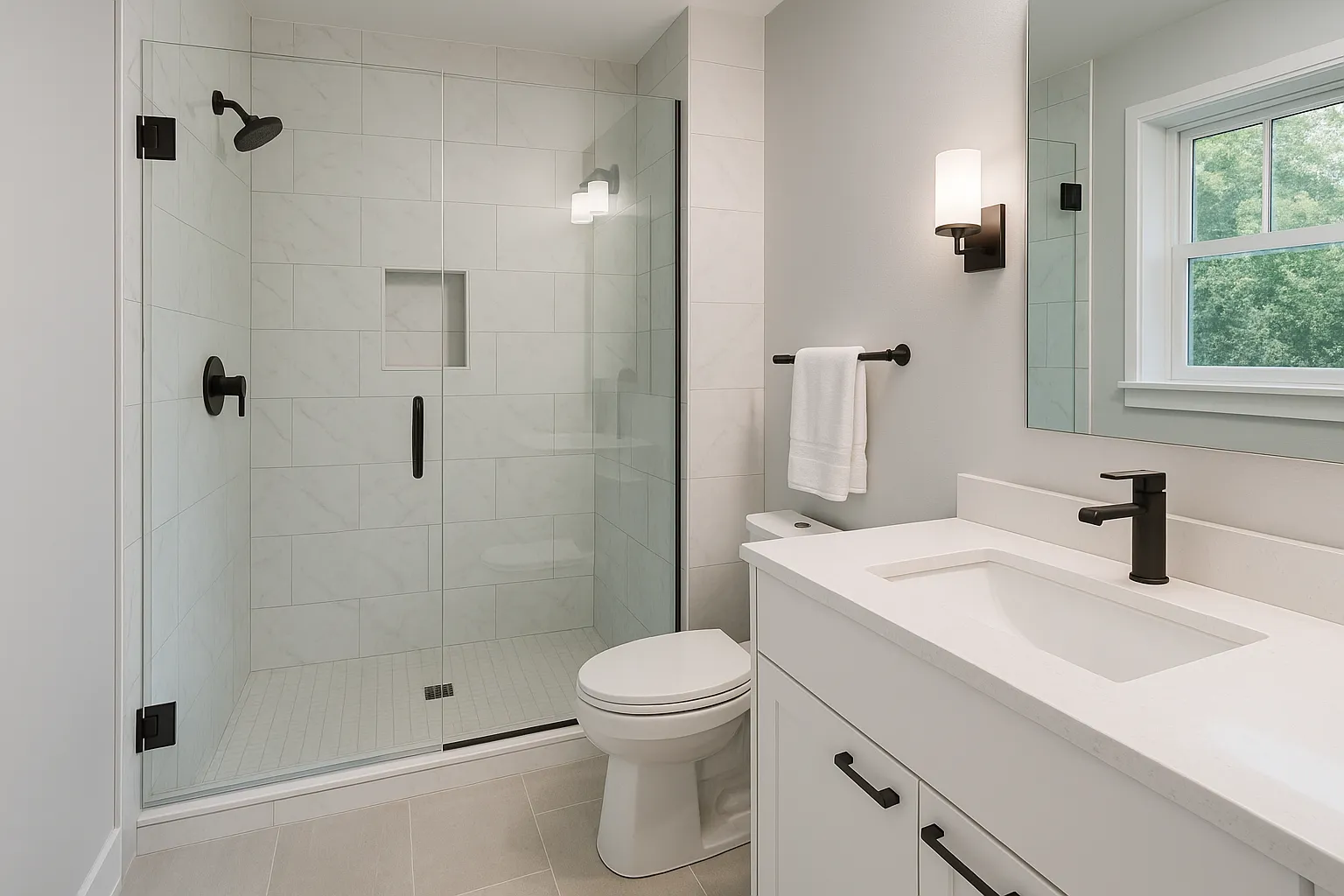 Modern bathroom with frameless glass shower, white vanity with black faucet, toilet, and a towel on a rack by a large mirror.