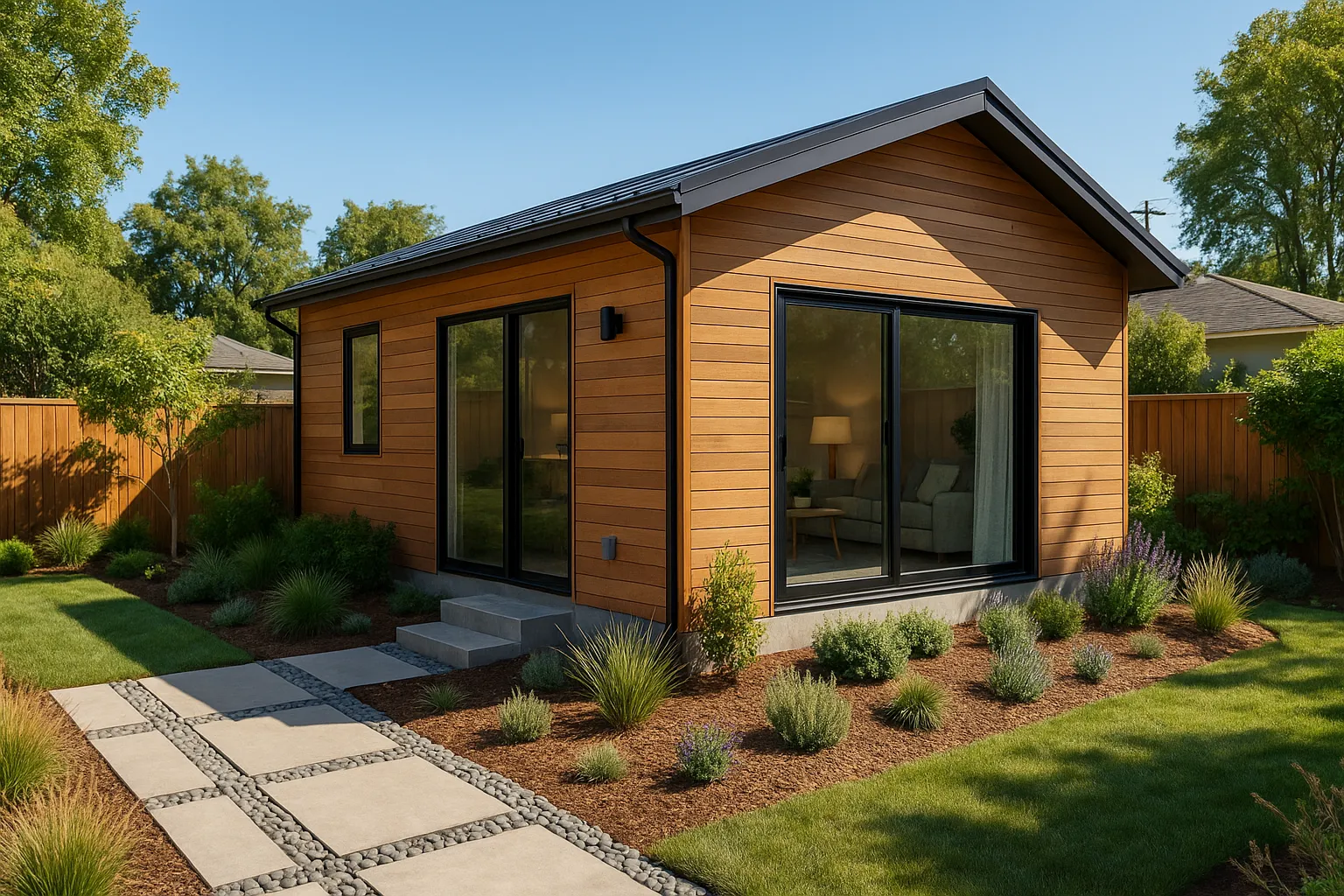 Modern backyard ADU with cedar siding, large windows, landscaped garden, and a stone pathway.