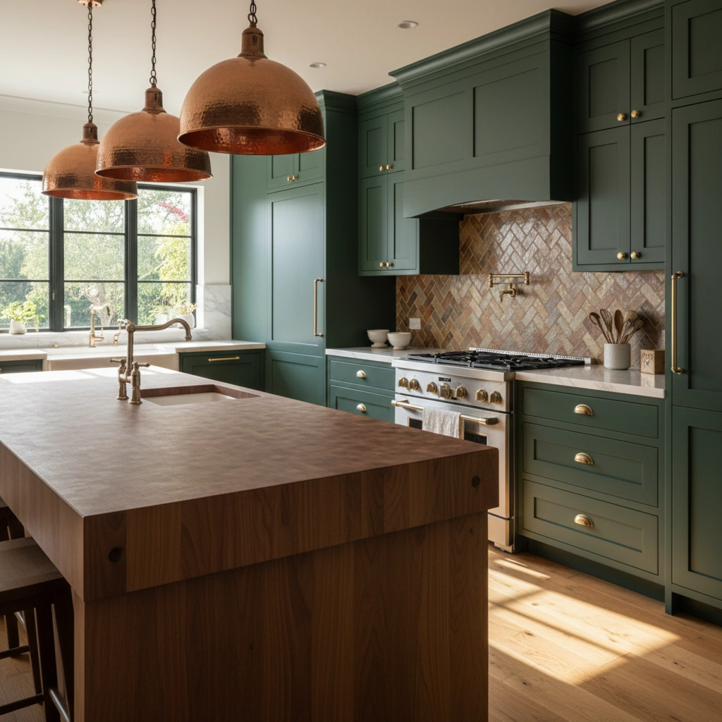 Modern kitchen with green cabinets, a wooden island with built-in sink, brass fixtures, copper pendant lights, and a herringbone tile backsplash.