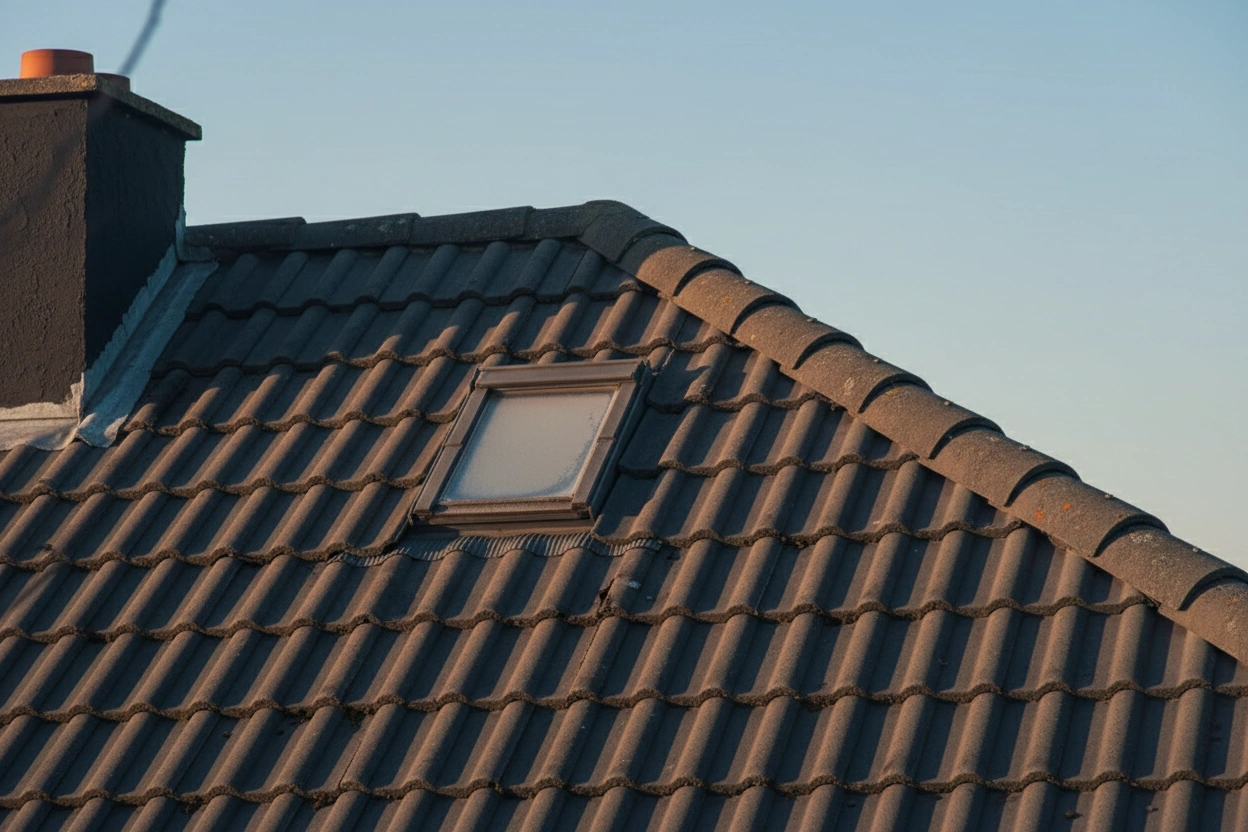 Roof with dark gray curved tiles, a skylight window, and a chimney on the left side.