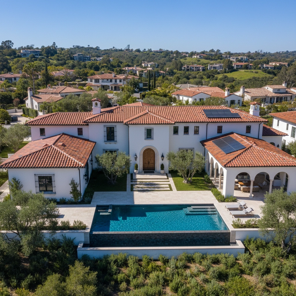 A large Mediterranean-style white house with terracotta roof tiles, solar panels, a swimming pool, and a covered outdoor patio in a landscaped neighborhood.