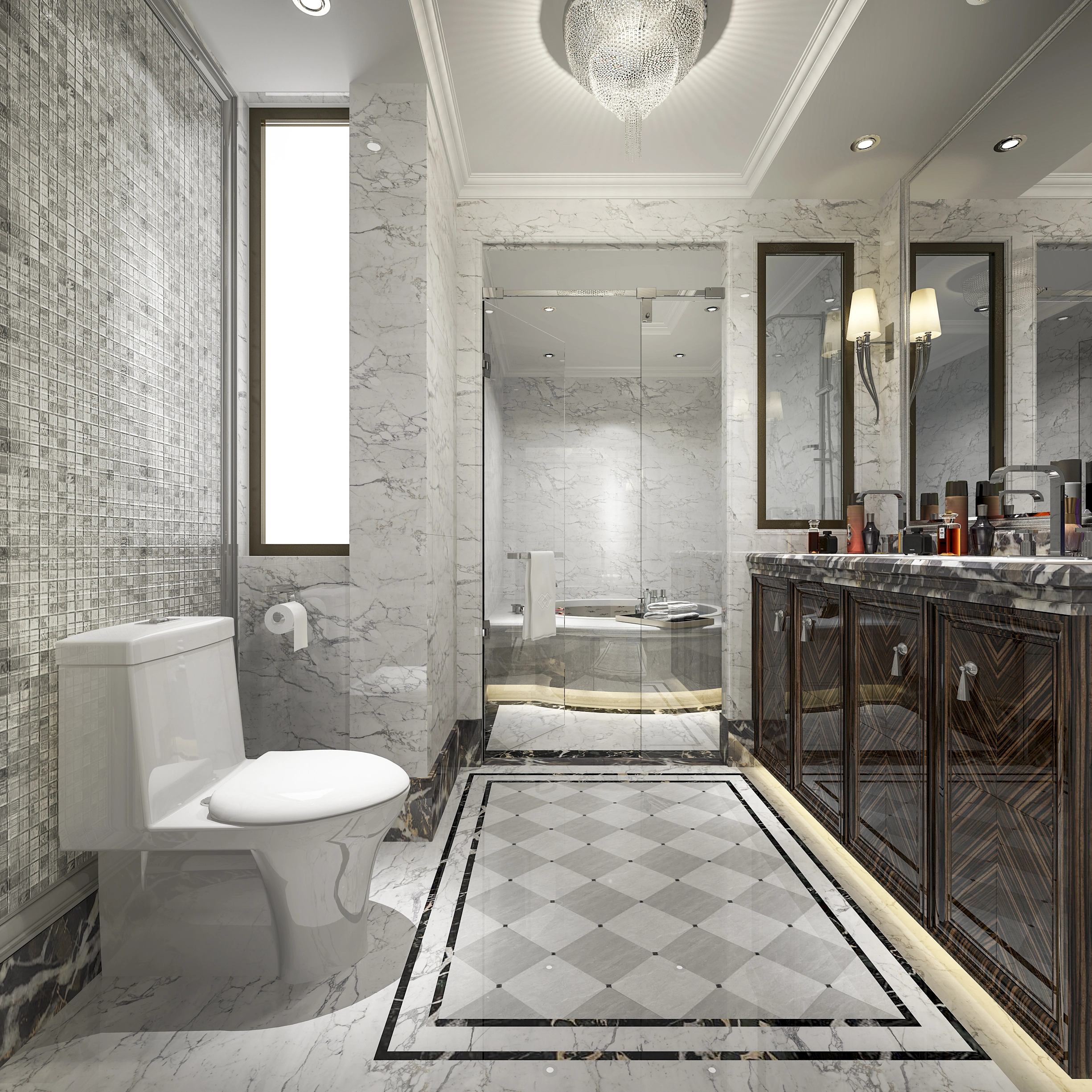 Luxurious bathroom with marble floor and walls, white toilet, glass-enclosed shower, and dark wood vanity with double mirrors.
