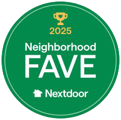 Green circular badge with a gold trophy icon and text '2025 Neighborhood FAVE Nextdoor' indicating a neighborhood favorite award.
