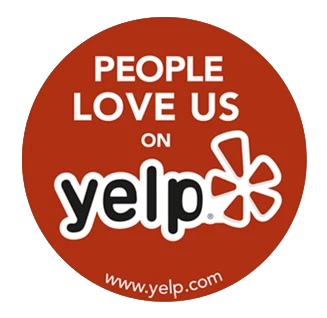 Red circular badge with white text saying 'People love us on Yelp' and the Yelp logo with website URL www.yelp.com.