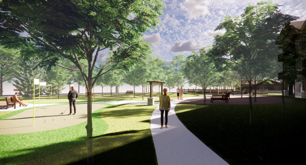 Sanavite Estates exterior grounds with trees, walking paths, benches, and people walking and playing golf.