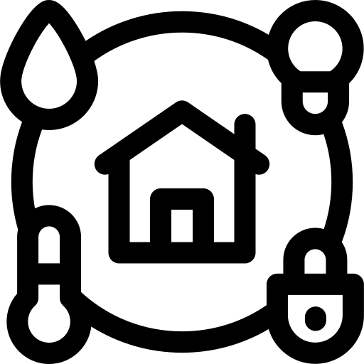 Icon of three interconnected black cogs symbolizing household utilities.