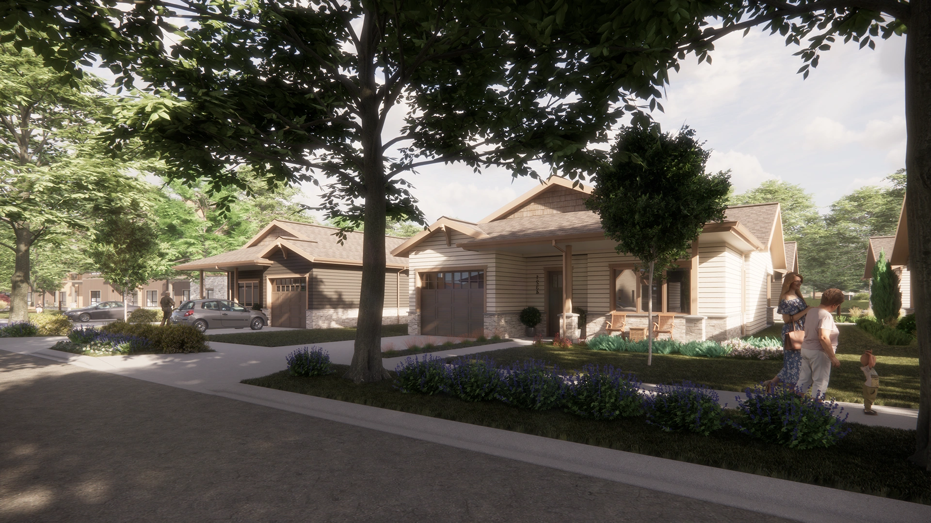 Street view of modern suburban houses with landscaped gardens, trees, and people walking on the sidewalk.