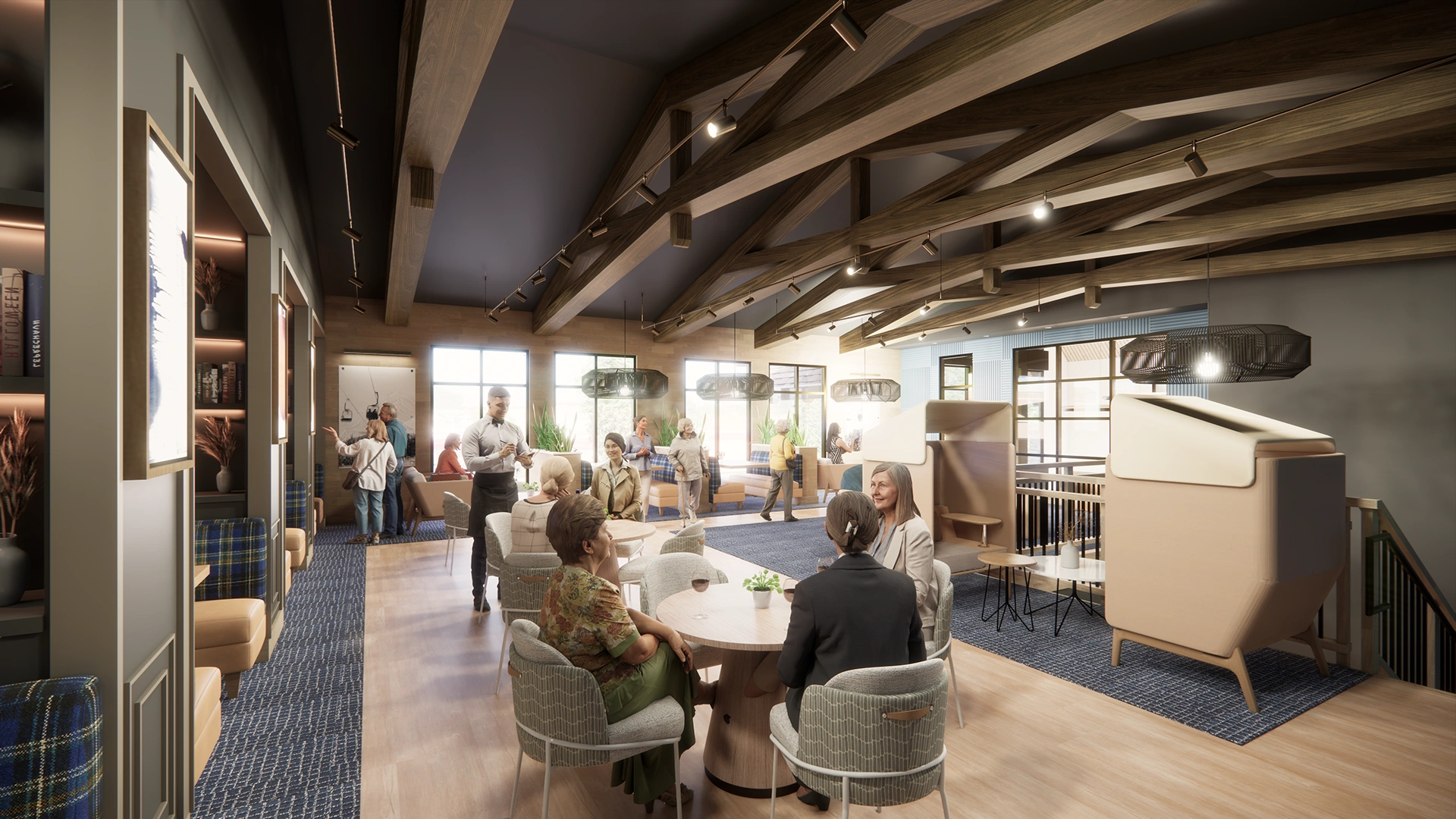 Modern lounge with wooden beams, tables, comfortable seating, and people socializing and dining in a spacious, well-lit area.