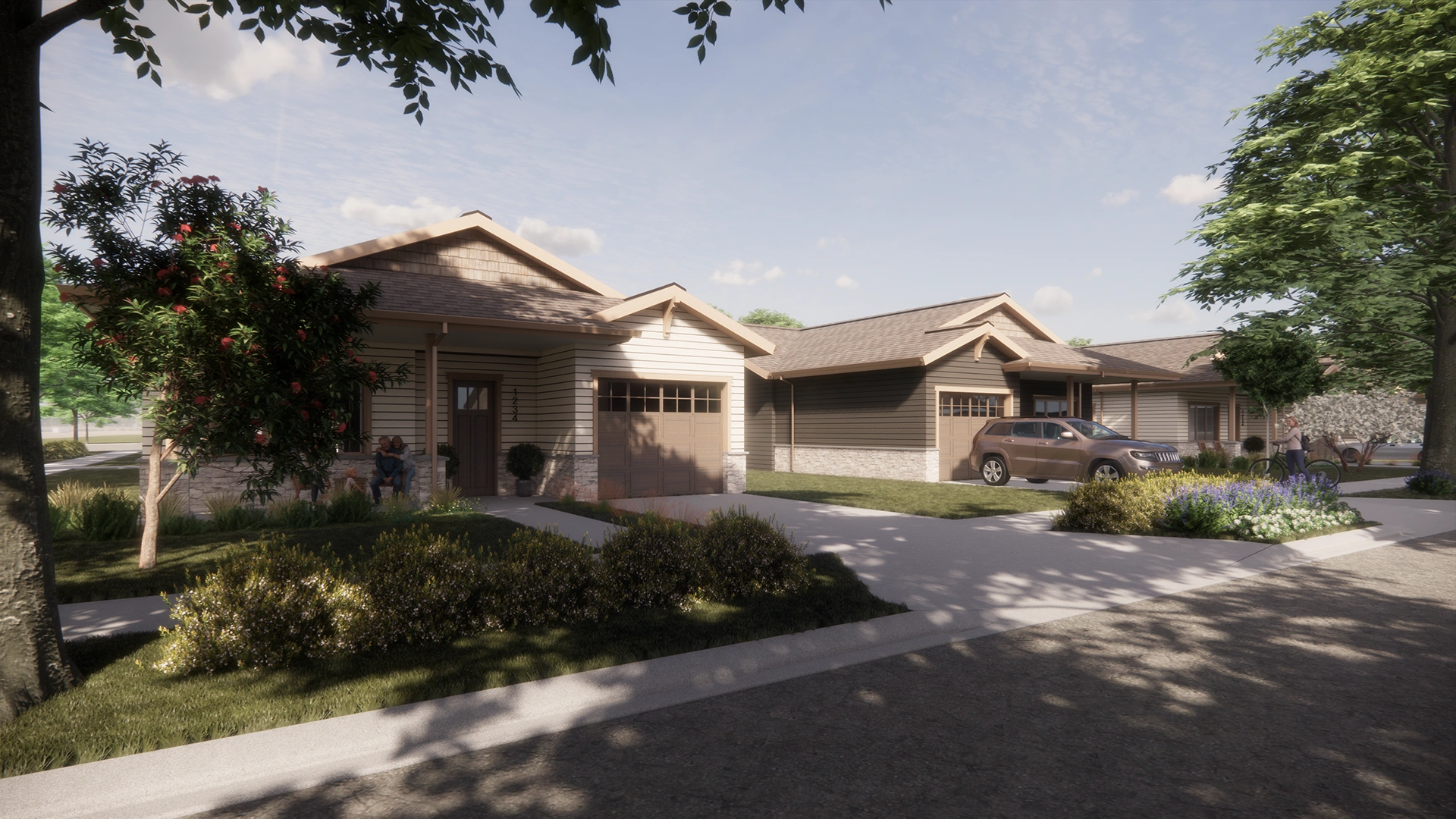 Suburban neighborhood with single-story houses featuring garages, a parked SUV, a couple sitting on a porch, and a person walking a bicycle on the sidewalk.