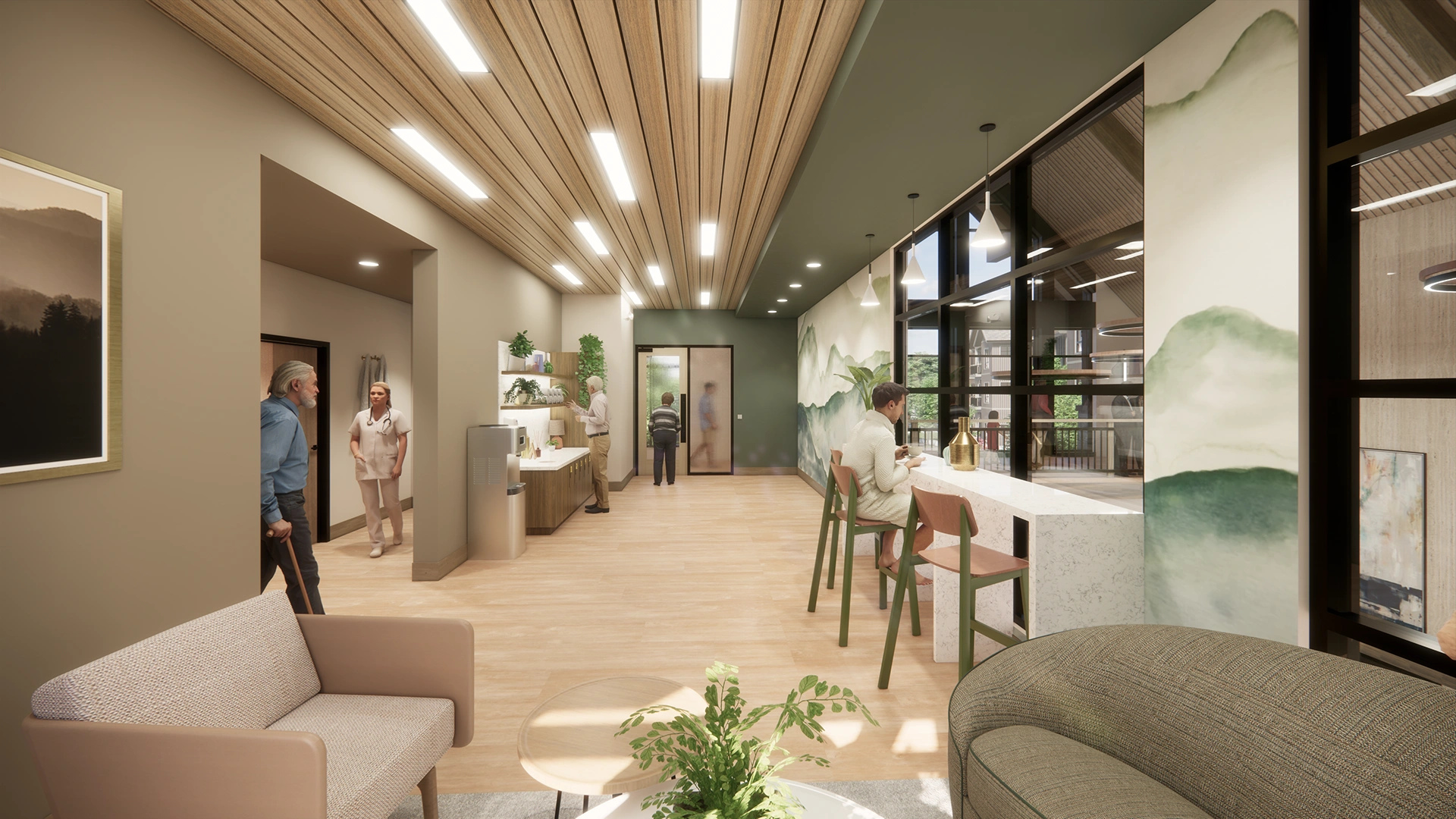 Bright, modern wellness spa lobby with seating area, wooden ceiling panels, large windows, and people interacting inside.