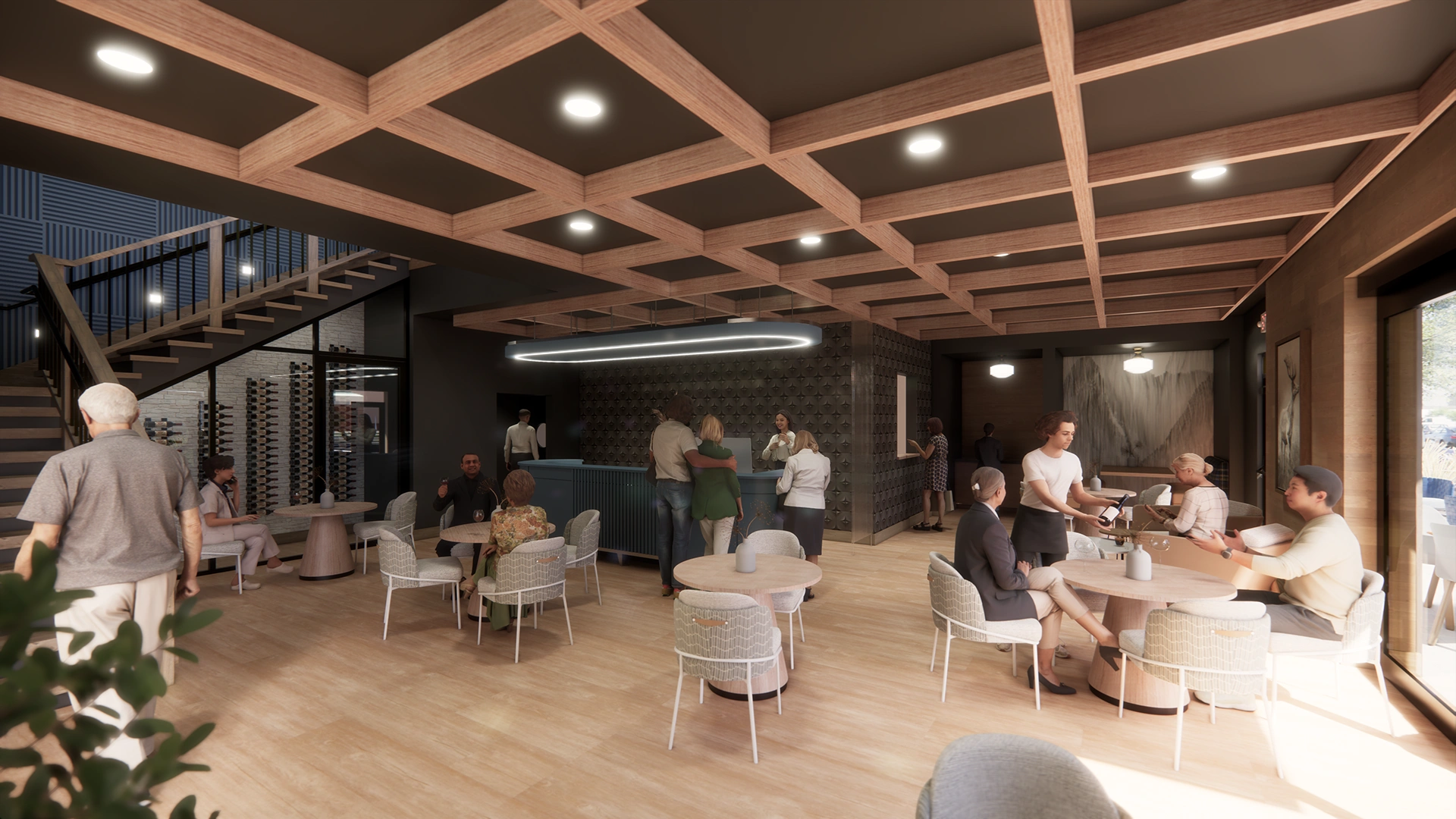 Modern wine bar interior with wooden grid ceiling, patrons seated at round tables, a waiter serving wine, and a staircase in the background.
