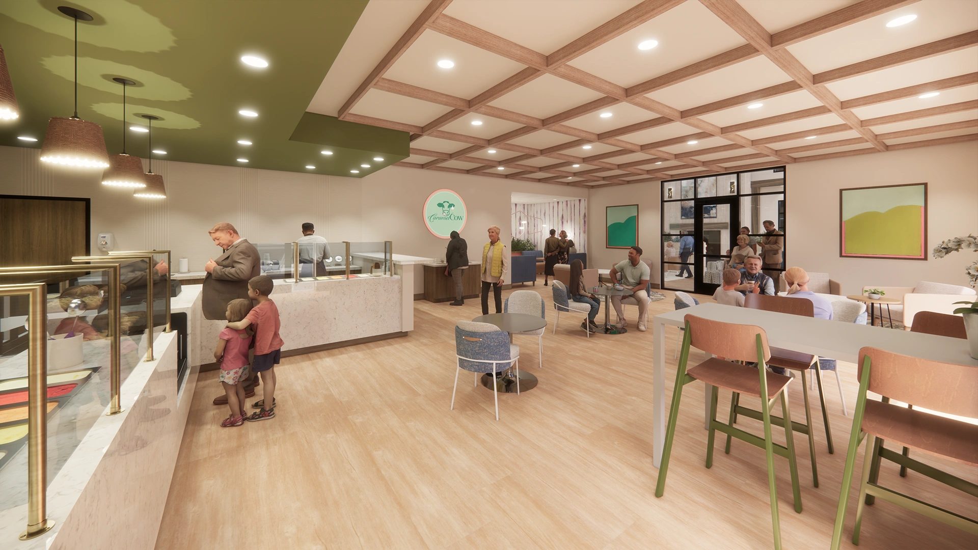 Modern café interior with light wood flooring, various seating areas, and customers ordering and sitting at tables.