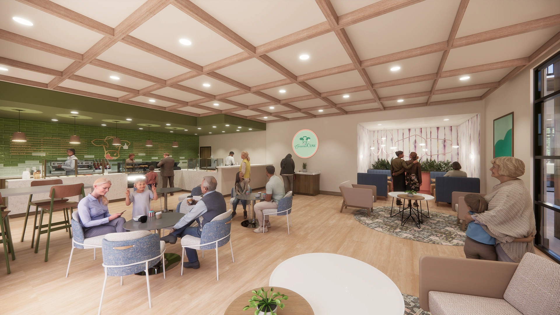 Modern café interior with people sitting at tables, ordering at the counter, and socializing in cozy seating areas.