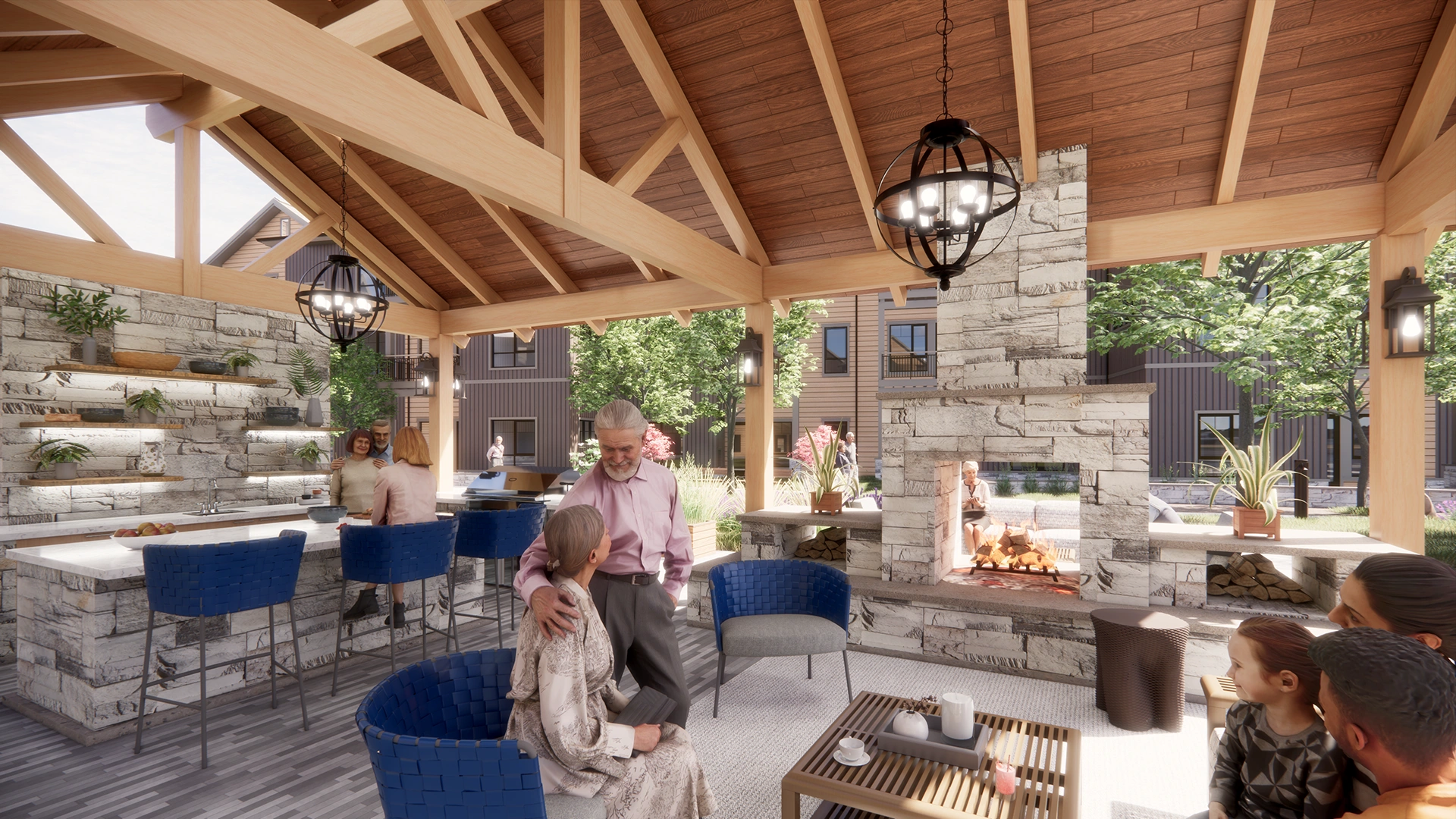 Covered outdoor seating area with stone fireplace, wooden beams, blue chairs, and people socializing around tables.