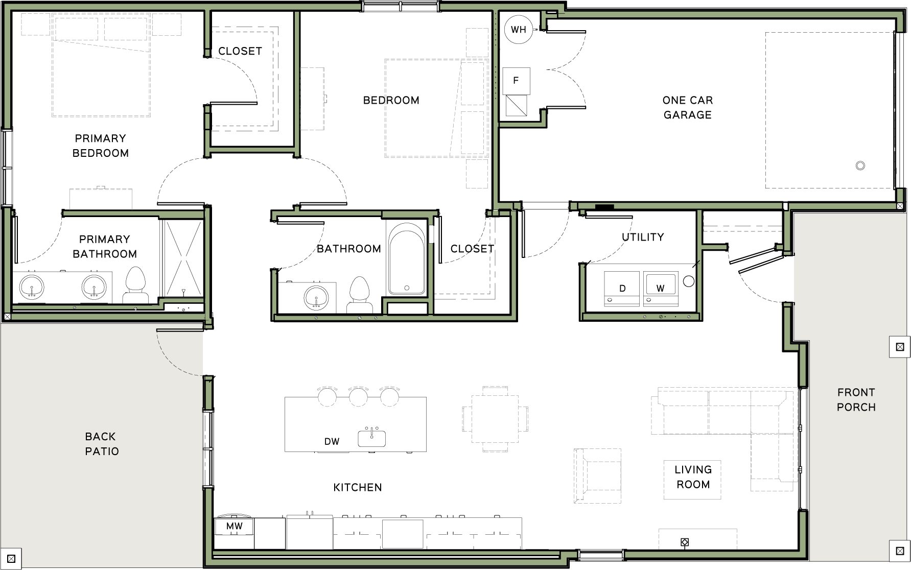 Floor plan of a Sanavita Estates Villa with primary bedroom, primary bathroom, second bedroom, bathroom, kitchen with island and dishwasher, living room, utility room with washer and dryer, one-car garage, front porch, and back patio.