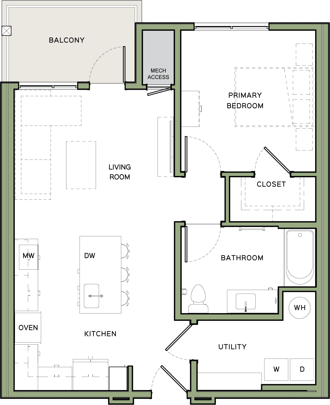Sanavita Estates floor plan of one-bedroom apartment showing balcony, living room, kitchen with island, primary bedroom with closet, bathroom, and utility area with washer and dryer.
