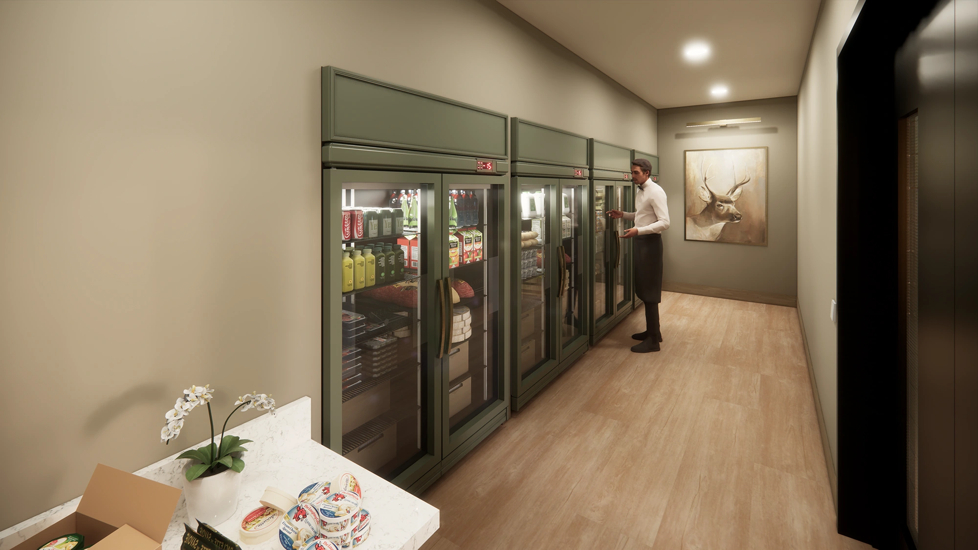 Man in a white shirt and black apron opening a refrigerated display unit with beverages and food in a well-lit room with a deer painting on the wall.