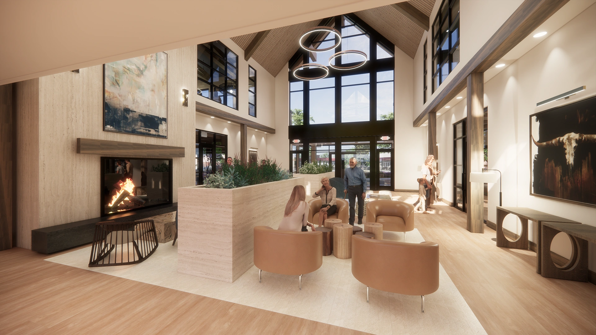 Spacious modern clubhouse living room with high vaulted ceilings, large windows, contemporary fireplace, and brown leather chairs arranged around wooden stools.