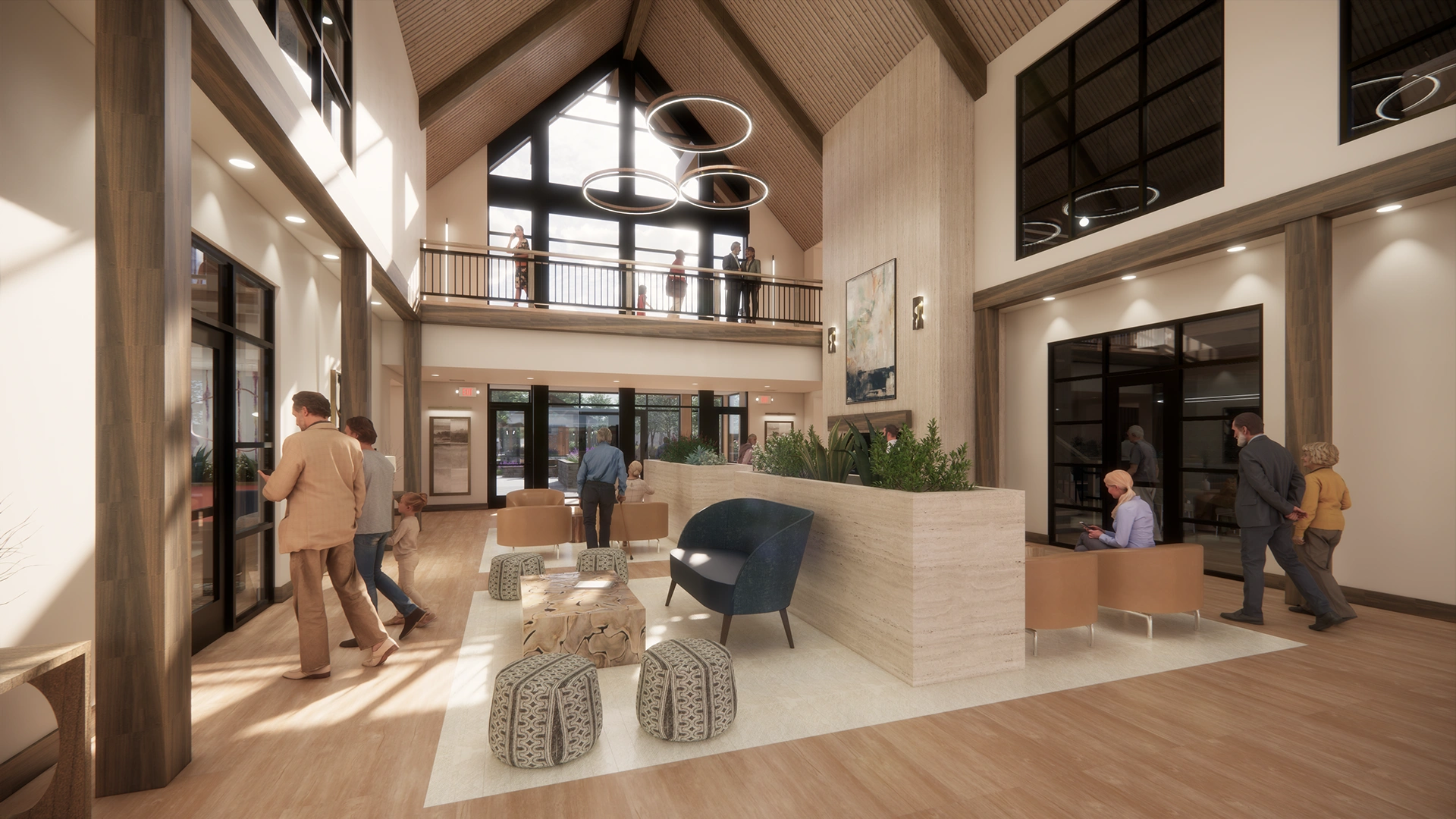 Spacious modern clubhouse lobby with high vaulted ceiling, circular pendant lights, seating areas, and people walking and sitting.
