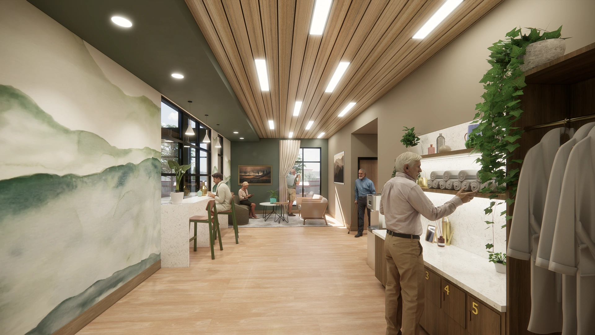 Modern lounge area with seniors sitting, standing, and engaging in activities, surrounded by plants and neutral decor.