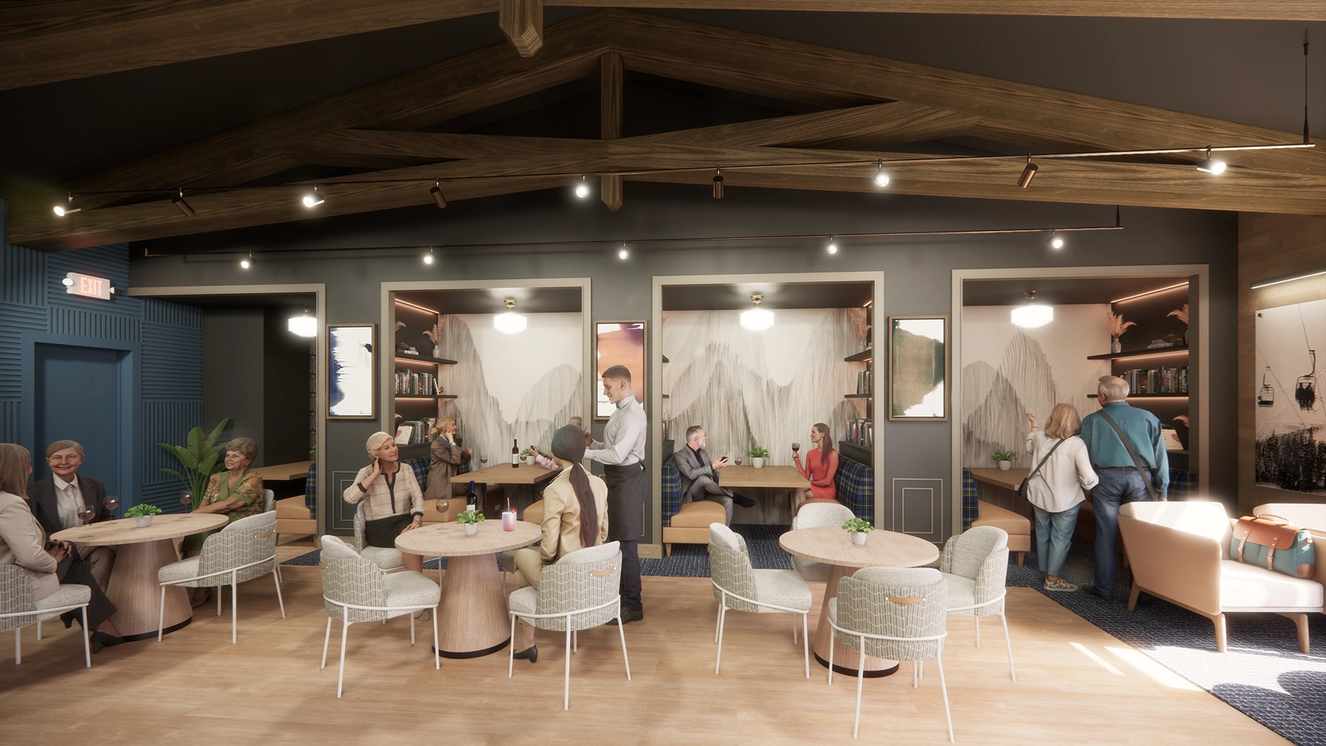 Cozy wine bar interior with modern wooden ceiling beams, light wood flooring, cushioned booths with mountain art walls, and several groups of people seated and conversing.