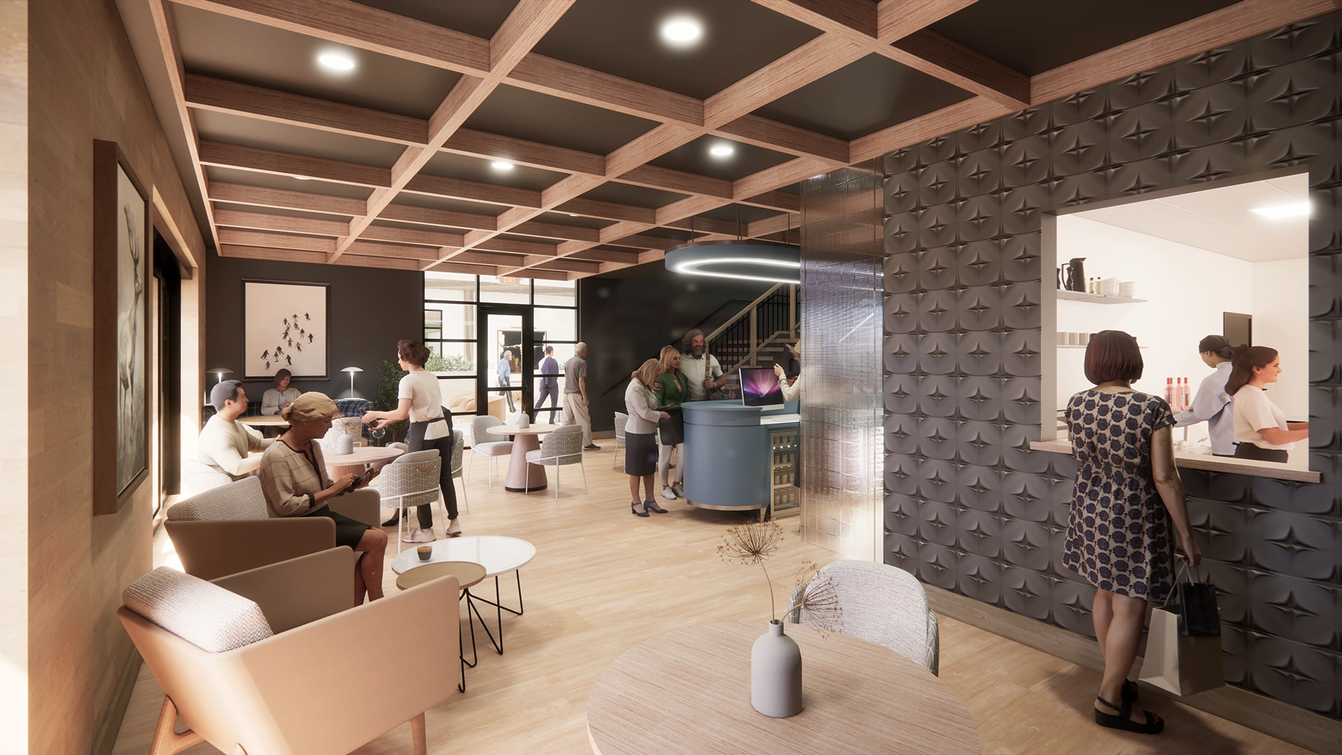 Modern wine bar interior with people seated and standing, wooden ceiling beams, textured dark wall, and a service window.