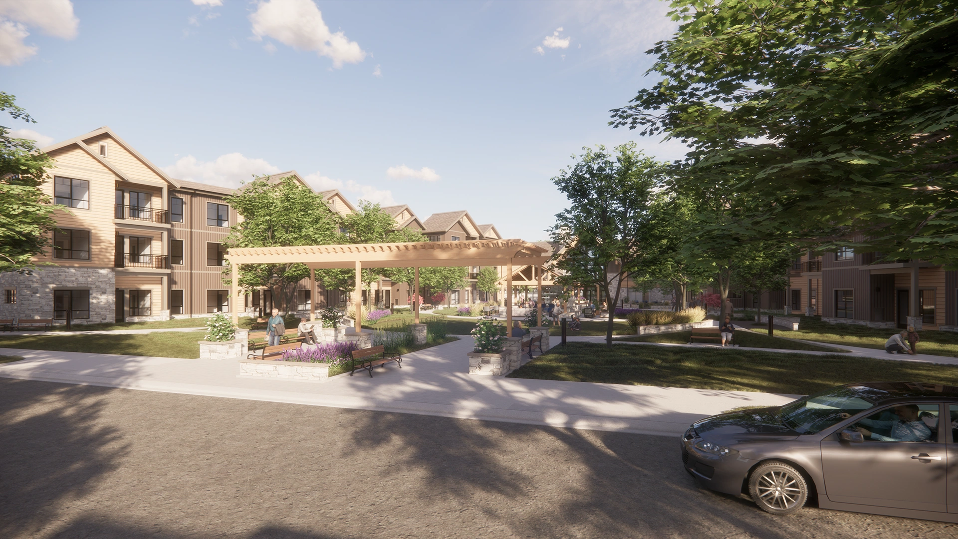 Sunlit courtyard with wooden pergola, benches, trees, and multi-story residential buildings in the background.