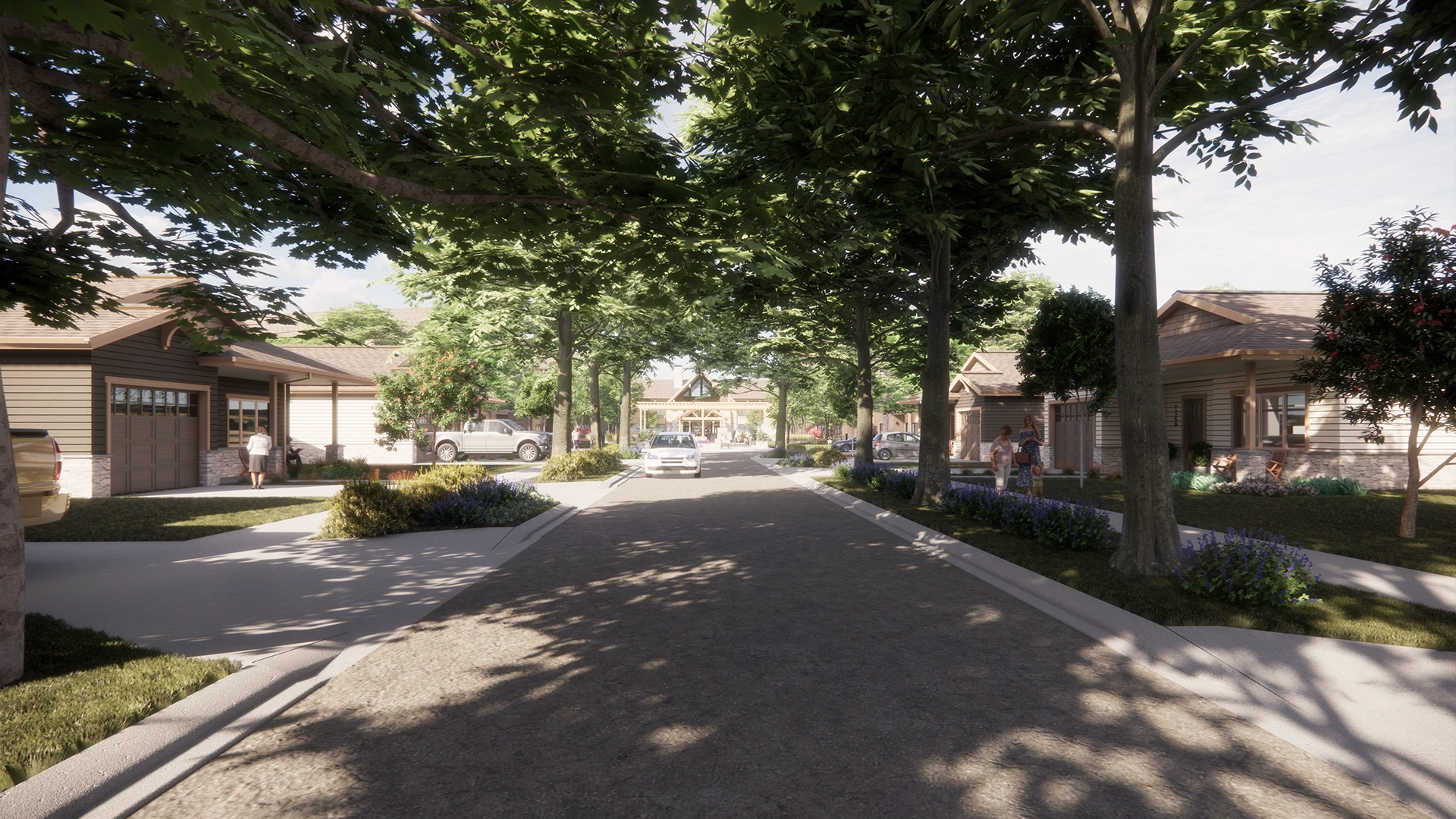 Sanavite Estates residential street lined with trees, single-story houses, parked cars, and people walking along sidewalks.