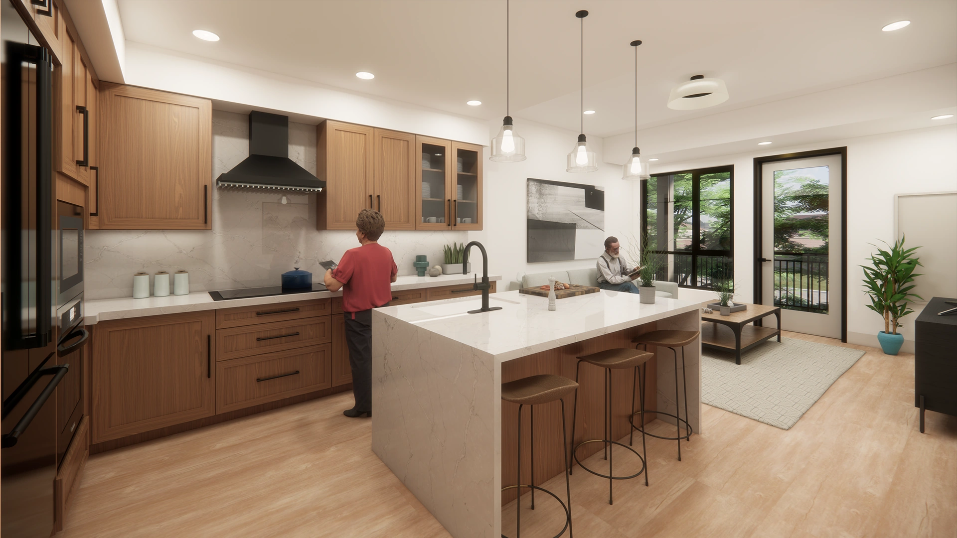 Sanavite Estates modern kitchen with marble island and wooden cabinets, a person cooking, and an adjacent living area with large windows and seating.