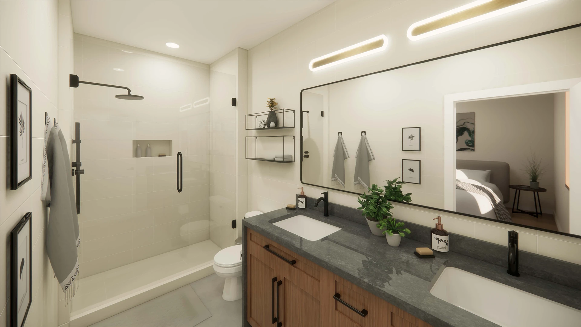 Modern bathroom with glass-enclosed shower, double sink vanity with dark granite countertop, wooden cabinets, and large mirror reflecting a bedroom.