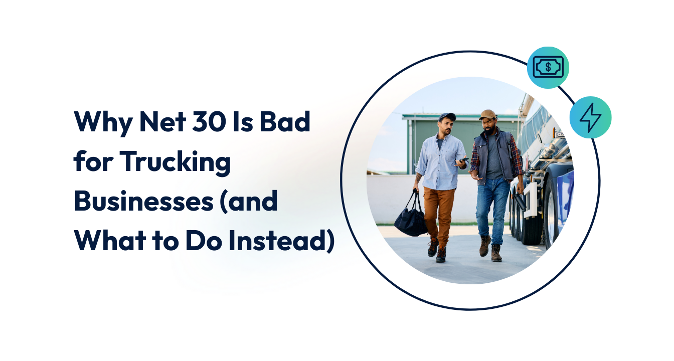 Two truckers discussing instant payment versus Net 30 delays for trucking businesses