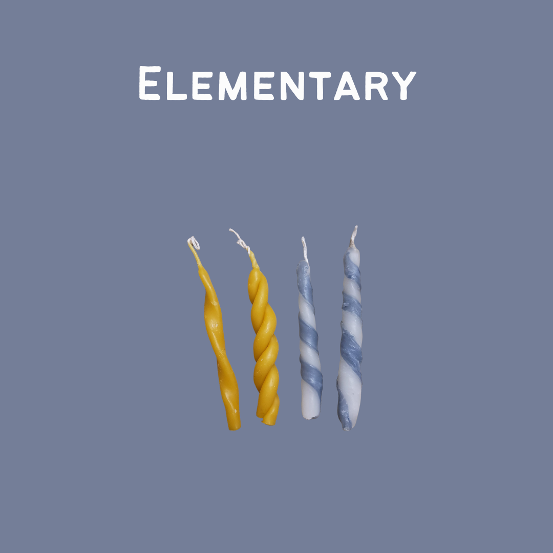 Four twisted candles, two yellow and two white with blue spirals, under the word 'ELEMENTARY' on a blue-gray background.