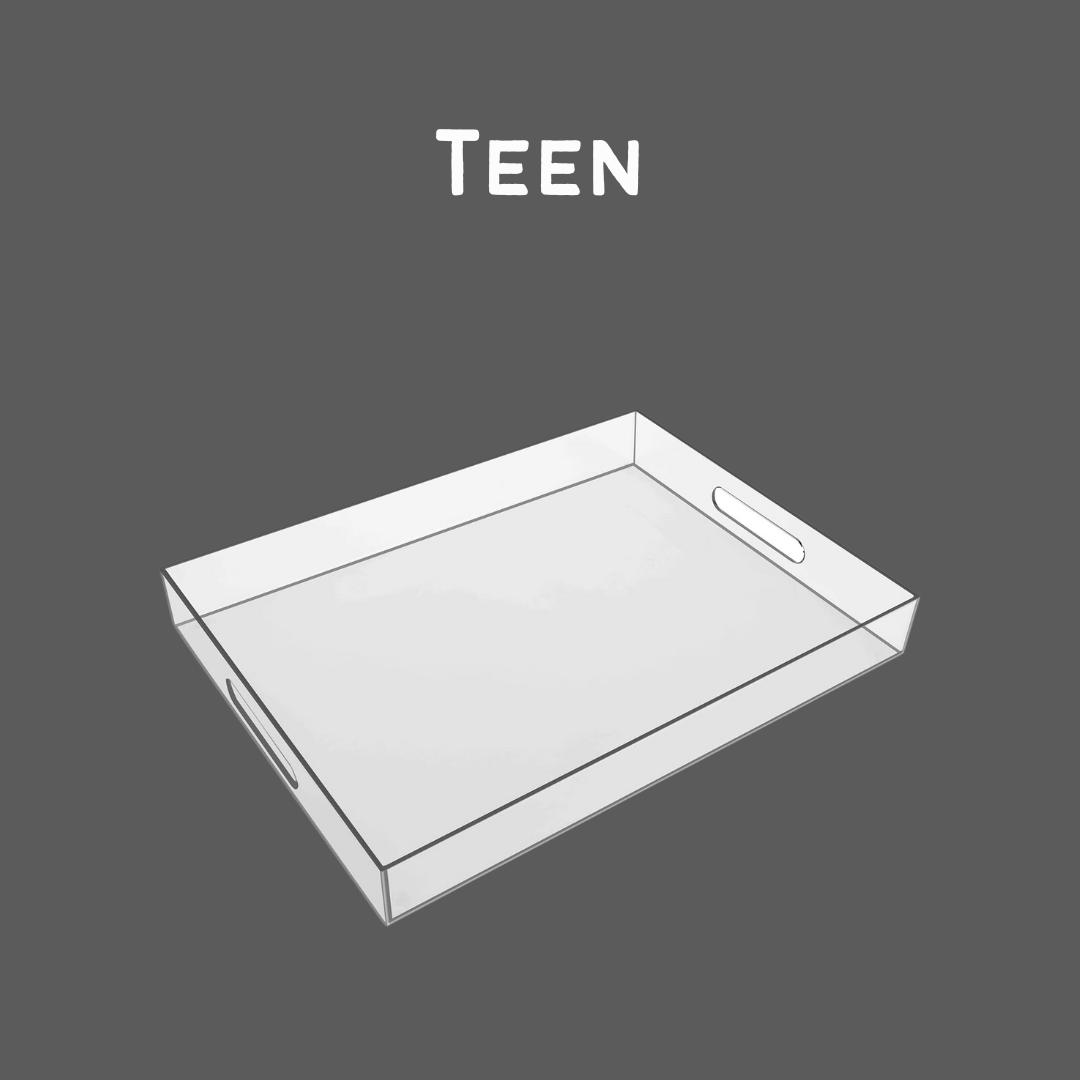Empty transparent rectangular tray on a gray background with the word 'TEEN' above it in white capital letters.