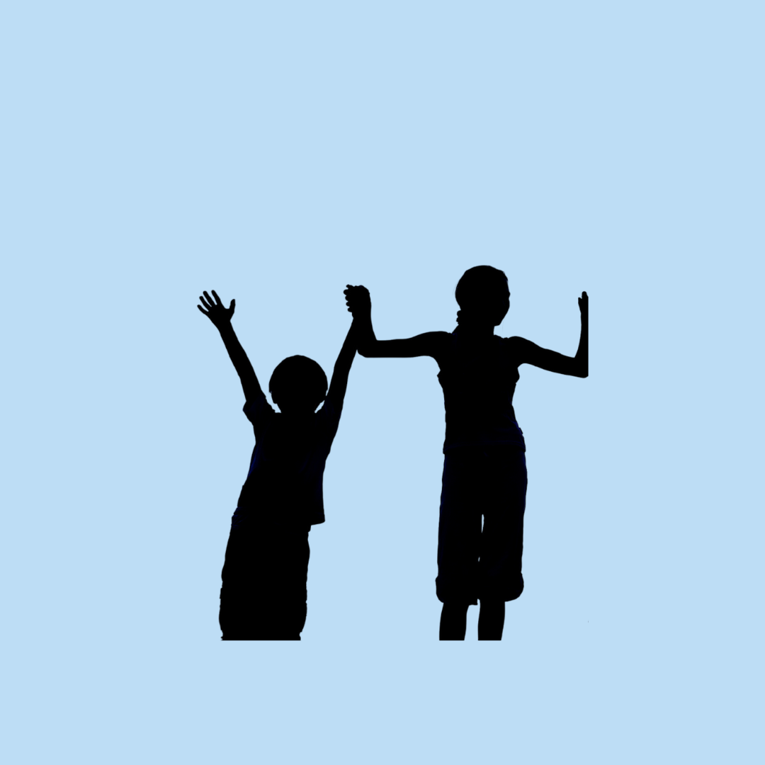 Silhouettes of two children holding hands with one raising both arms on a light blue background.