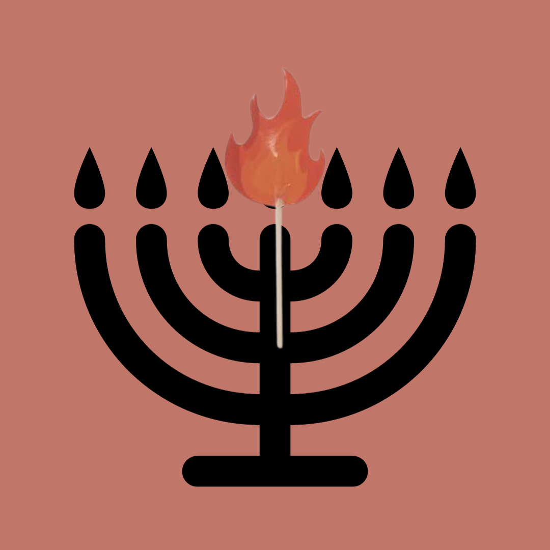 Black menorah with seven branches and a matchstick with flame in the center on a reddish background.