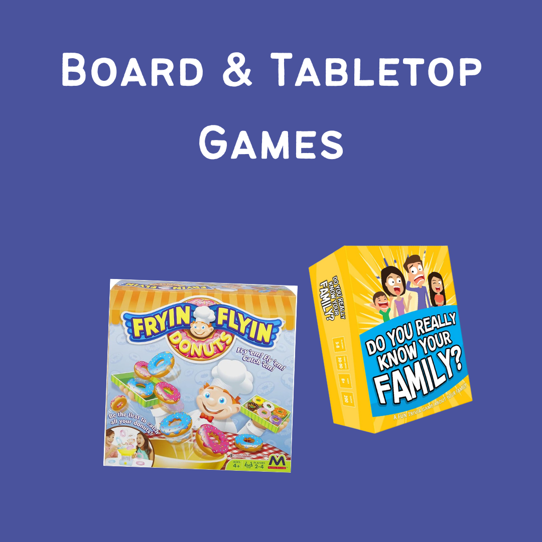 Boxes of two board games titled 'Fryin Flyin Donuts' and 'Do You Really Know Your Family?' on a blue background with the text 'Board & Tabletop Games'.