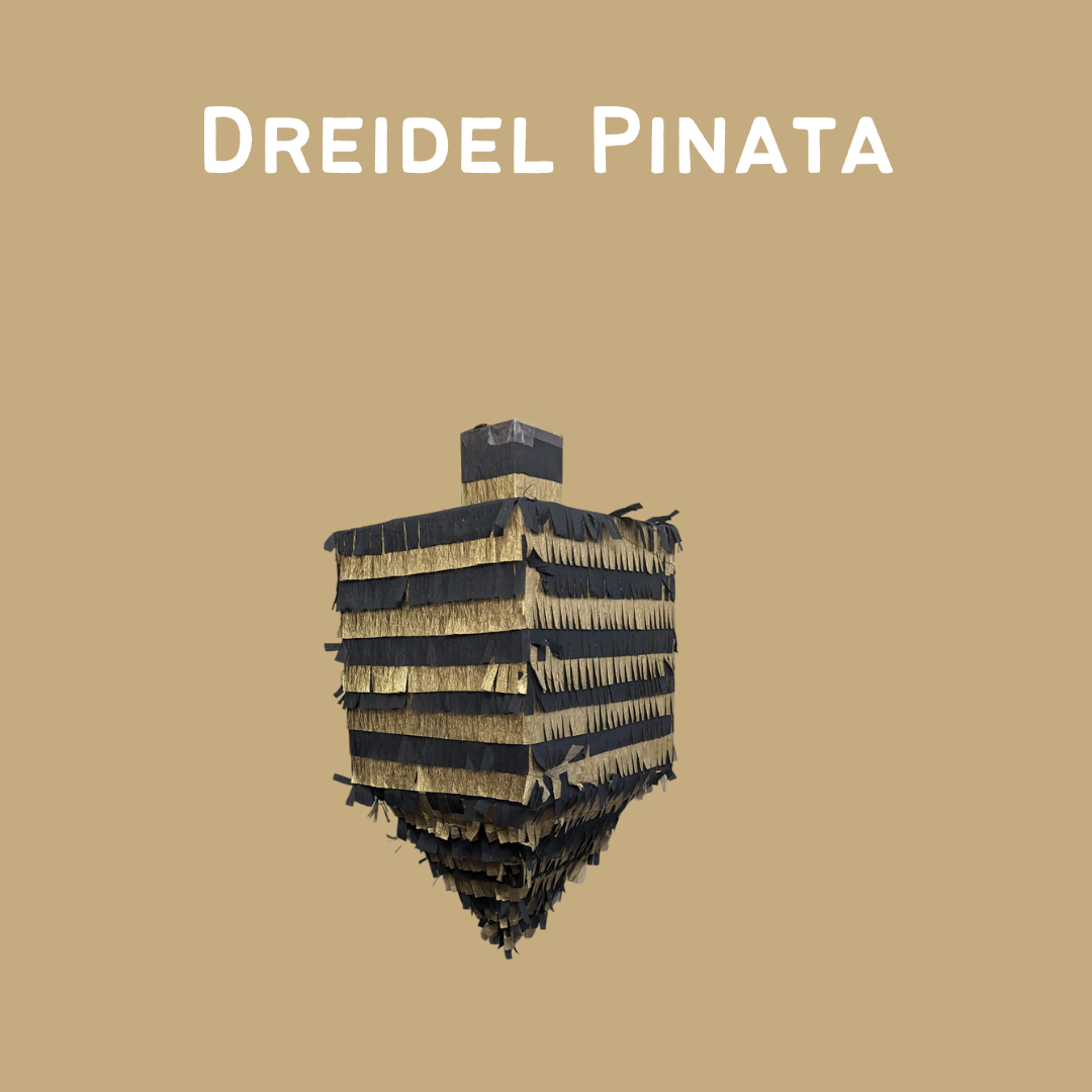 Black and gold striped dreidel-shaped piñata on a beige background with text 'Dreidel Pinata' above it.