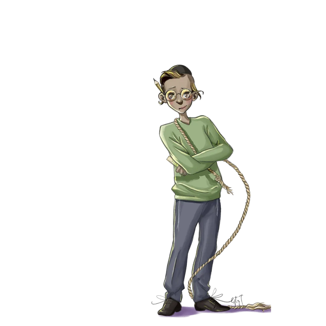 Illustration of a boy with glasses in a green sweater standing with his arms crossed, holding a coiled rope.