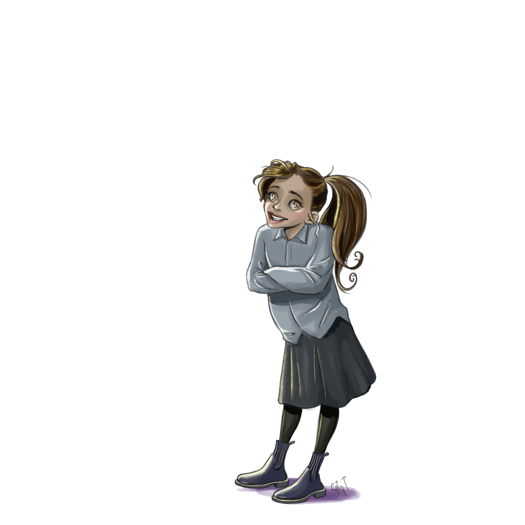 Illustration of a smiling girl with brown hair in a ponytail, wearing a light blue shirt, dark skirt, black leggings, and gray boots, standing with arms crossed.