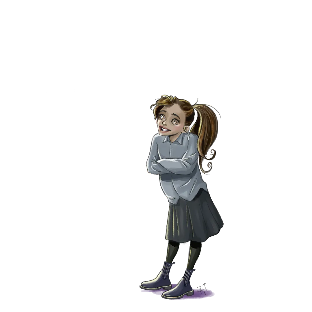 Illustration of a smiling girl with brown hair in a ponytail, wearing a light blue shirt, dark skirt, black leggings, and gray boots, standing with arms crossed.