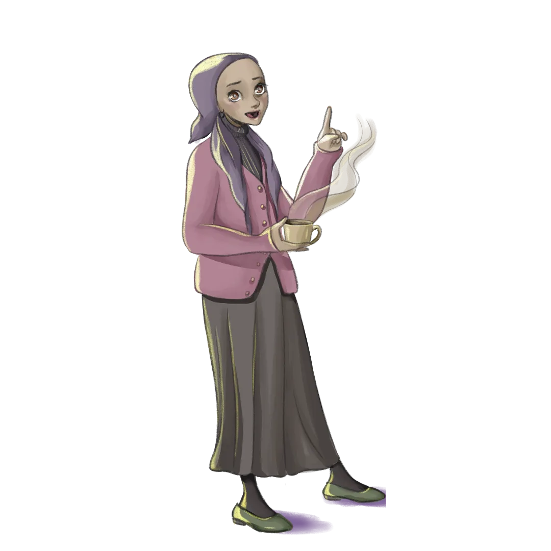 Illustration of a smiling woman in a headscarf and pink cardigan holding a steaming cup of tea and raising one finger.