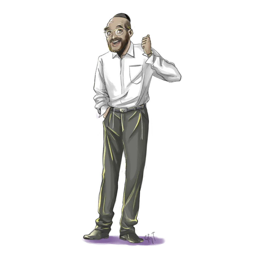 Illustration of a smiling bearded man in a kippah and glasses, wearing a white shirt and dark pants, giving a thumbs up.